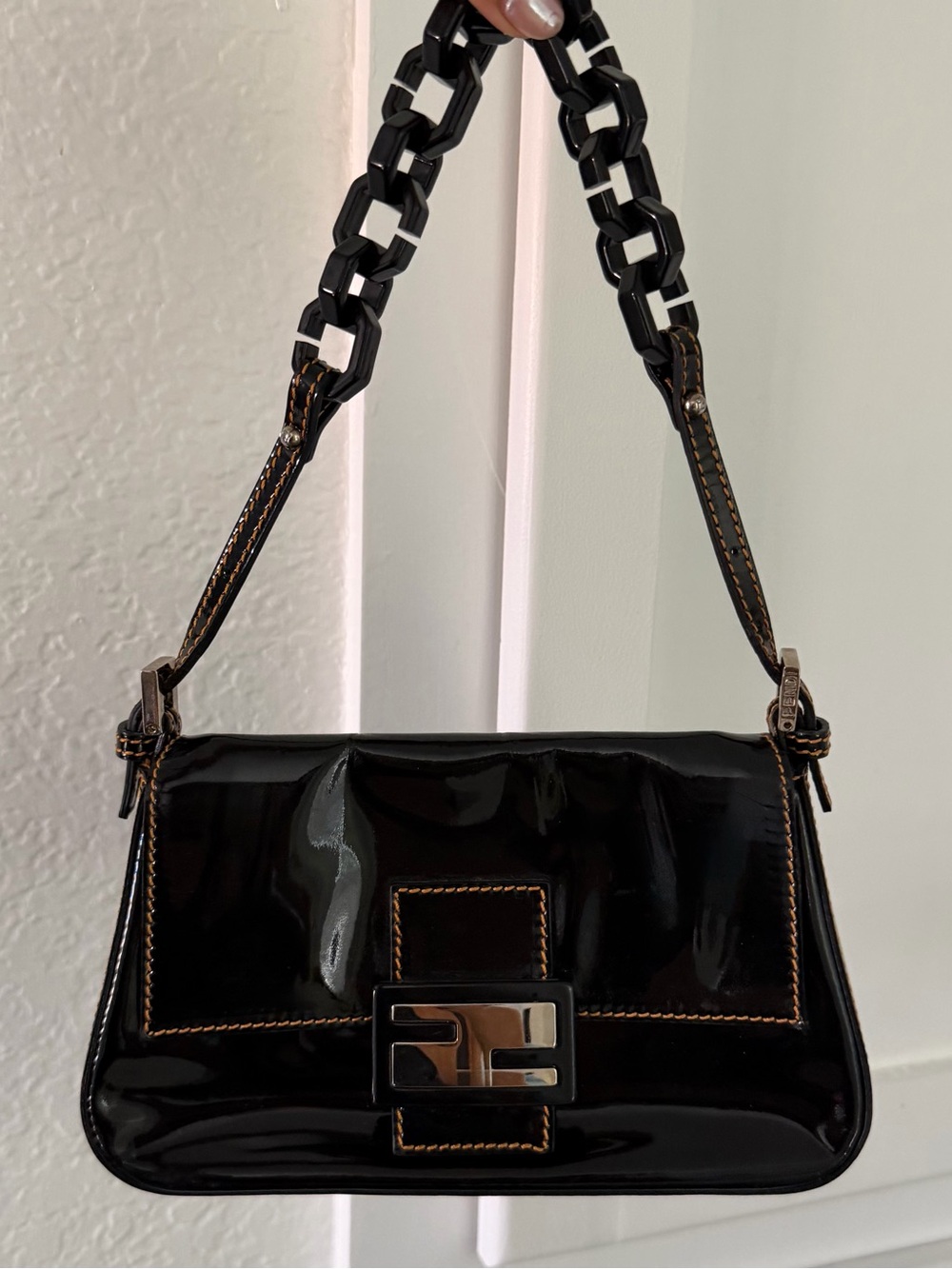 Fendi Black Patent Leather Mama Chunky Chain Baguette